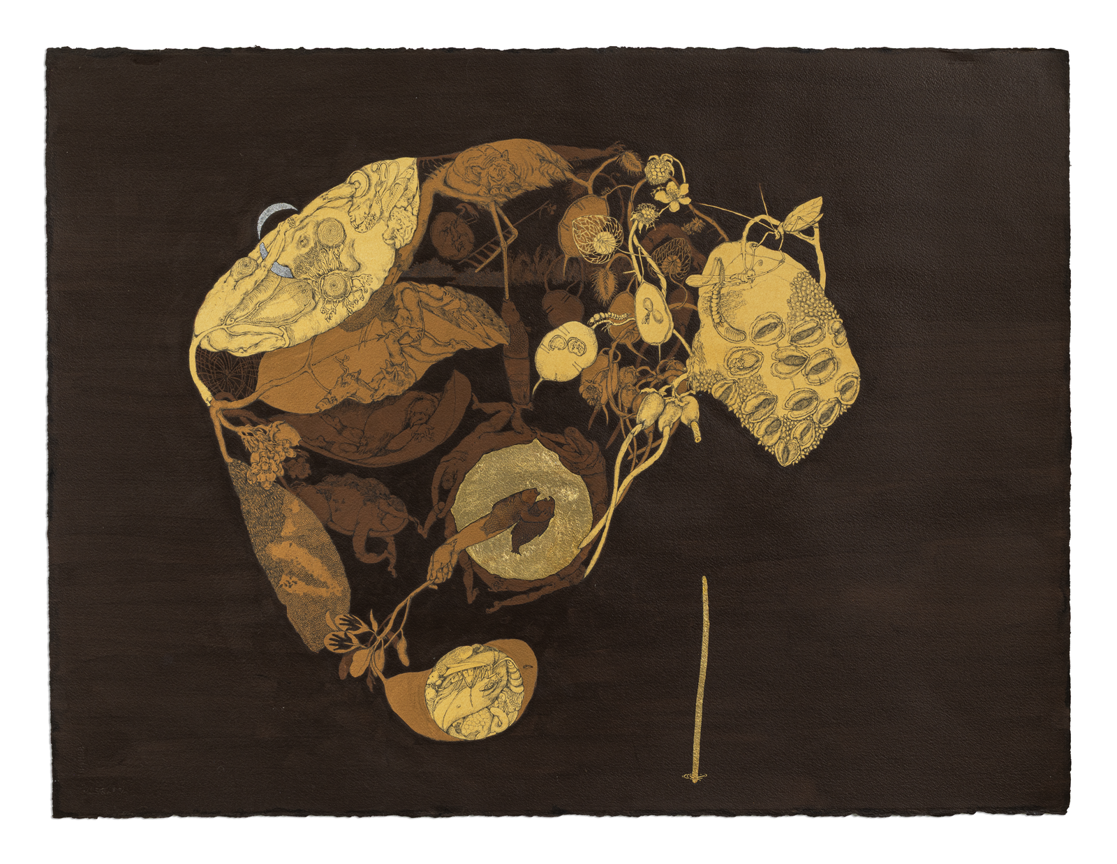 Where every leaf holds a tale (Chandeshar) _Media_ Archival ink pen on paper, Acrylic colour, Gold and Silver leaf _ Size_ 57 cm x 76 cm _ Year 2023