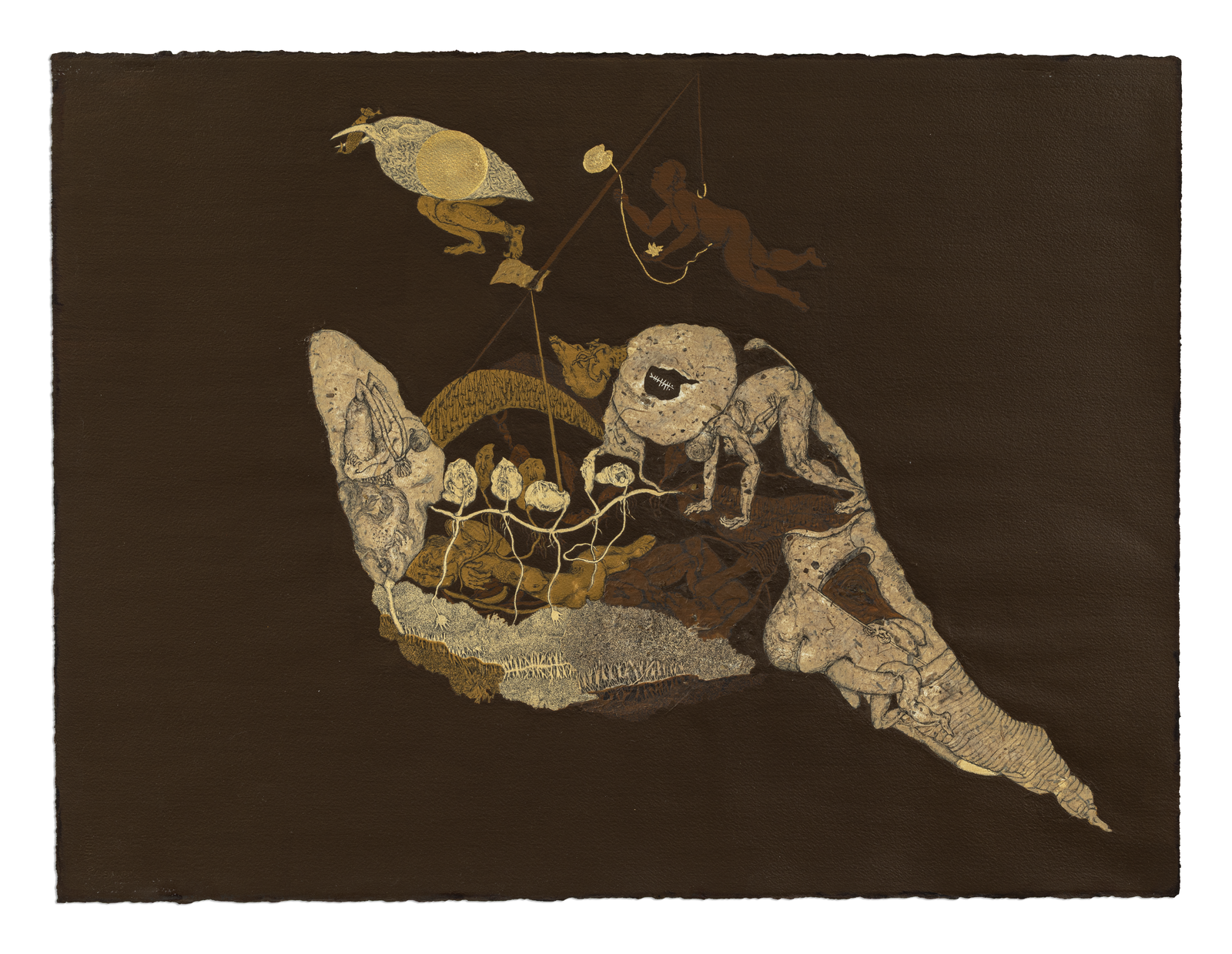 Where every leaf holds a tale (Kalir Char) _Media_ Archival ink pen on paper, Acrylic colour, Gold leaf _ Size_ 57 cm x 76 cm _ Year 2023