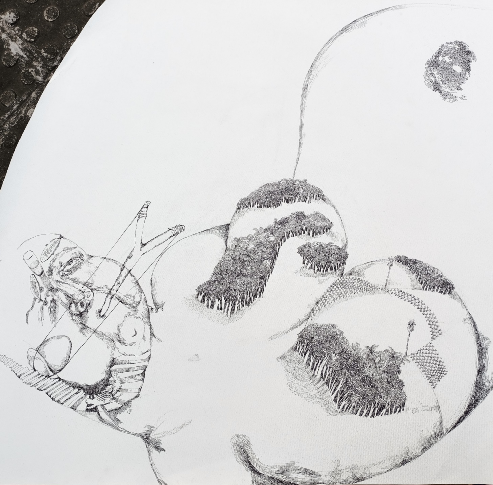 Drawing Installation _ Floating Island _ Pen on Canvas and Wall _100 ft. Long Scroll (3048 cm)_2023