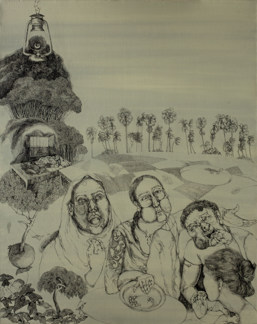 Archival ink pen on canvas with acrylic colour 152 x 122 cm 2023