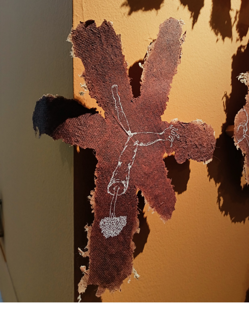 Detail View Installation _ ‘Adi-Katha’ (Unspoken Tale) _ 2022 _ Handmade Paper with Rice Straw Pulp, Mud, Tea, Natural Colour, Pen