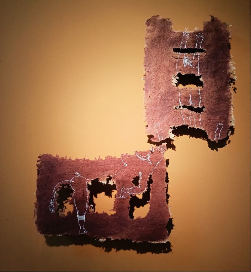 Detail View Installation _ ‘Adi-Katha’ (Unspoken Tale) _ 2022 _ Handmade Paper with Rice Straw Pulp, Mud, Tea, Natural Colour, Pen