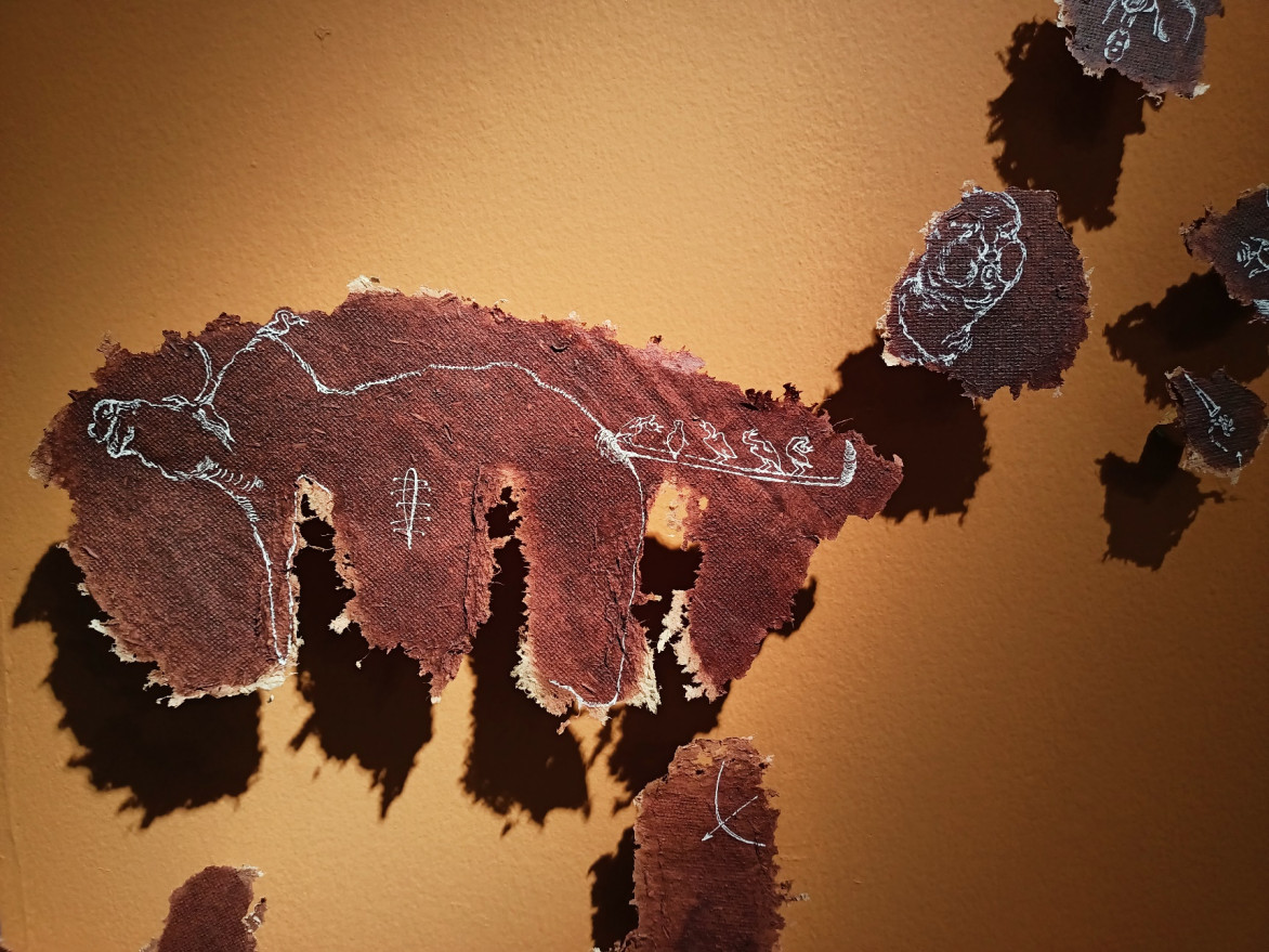 Detail View Installation _ ‘Adi-Katha’ (Unspoken Tale) _ 2022 _ Handmade Paper with Rice Straw Pulp, Mud, Tea, Natural Colour, Pen