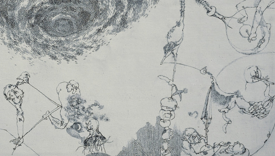 Details: “the light vanishes slowly & the water will touch the golden bird lying on the ground and it will soar into the sky!” Archival black Ink pen on white Canvas 2021