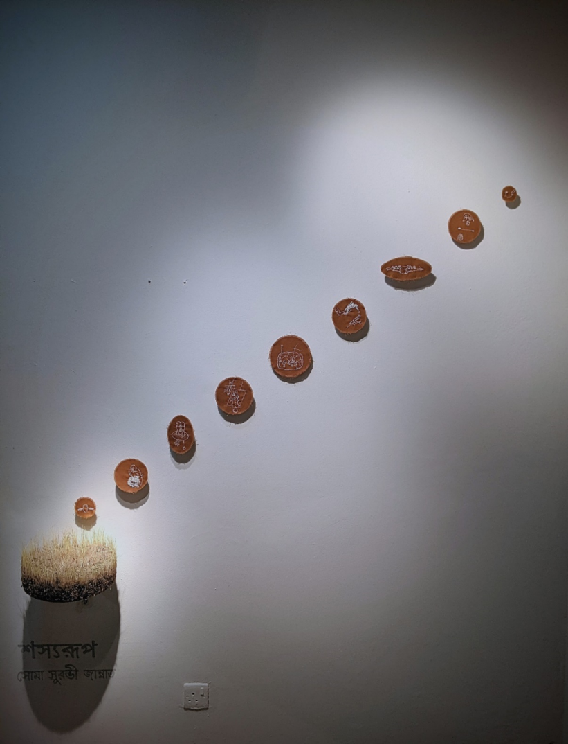 Installation _ ‘Seed, Soul, Soil’ _ Thread & Rice seed on cotton fabric, Rice Paddy _ 2021