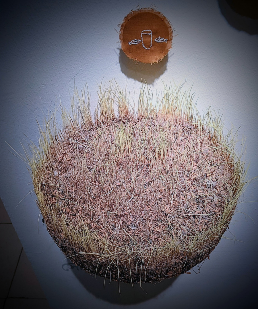 Installation _ ‘Seed, Soul, Soil’ _ Thread & Rice seed on cotton fabric, Rice Paddy _ 2021
