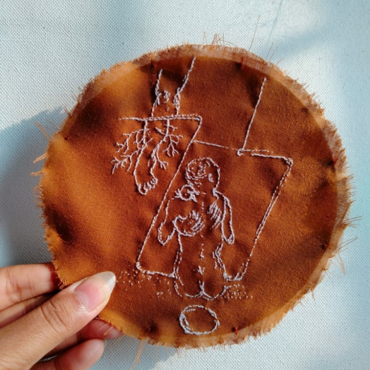 Detail: Installation _ ‘Seed, Soul, Soil’ _ Thread & Rice seed on cotton fabric, Rice Paddy _ 2021