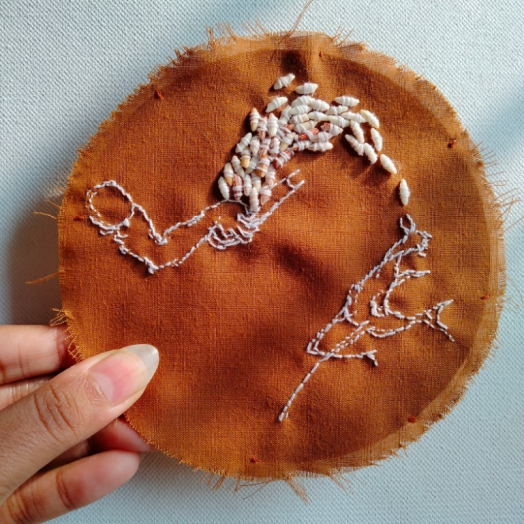 Detail: Installation _ ‘Seed, Soul, Soil’ _ Thread & Rice seed on cotton fabric, Rice Paddy _ 2021