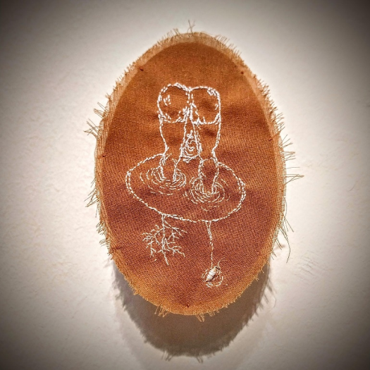 Detail: Installation _ ‘Seed, Soul, Soil’ _ Thread & Rice seed on cotton fabric, Rice Paddy _ 2021